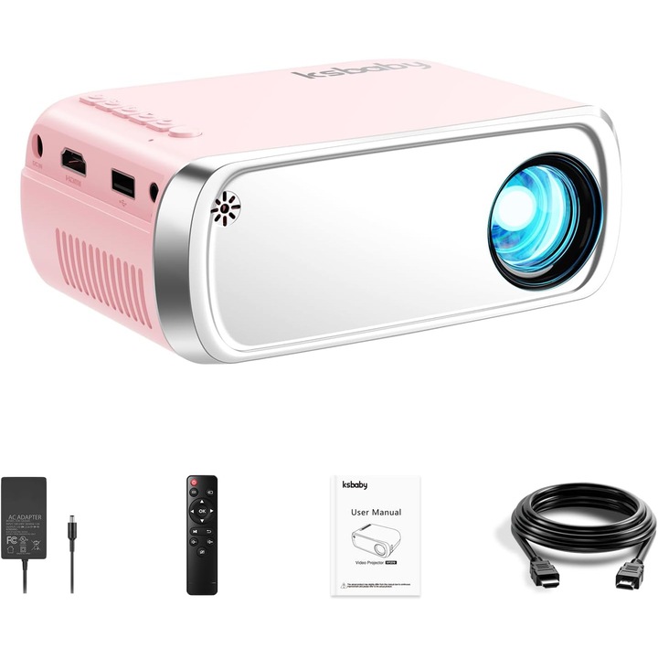 Videoproiector portabil mini, LED, roz deschis, 12x8x5cm
