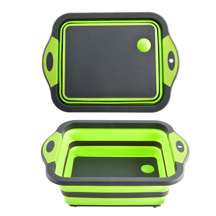 Tocator multifunctional pliabil cu sita si cos depozitare verde 42.5x31cm