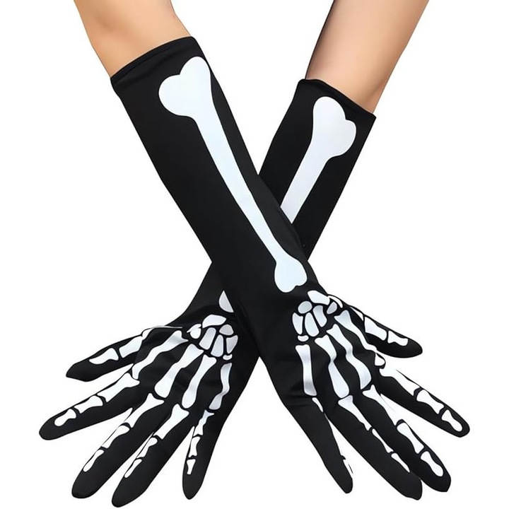 Manusi Halloween schelet, elastic, alb-negru, 38x10cm