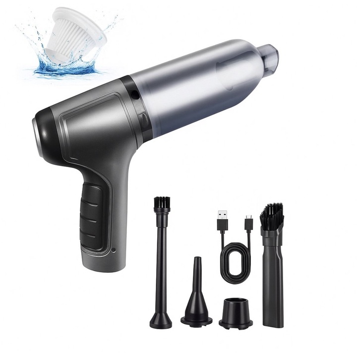 Aspirator mini portabil, fara fir, 4 accesorii, filtru HEPA, USB-C, compact