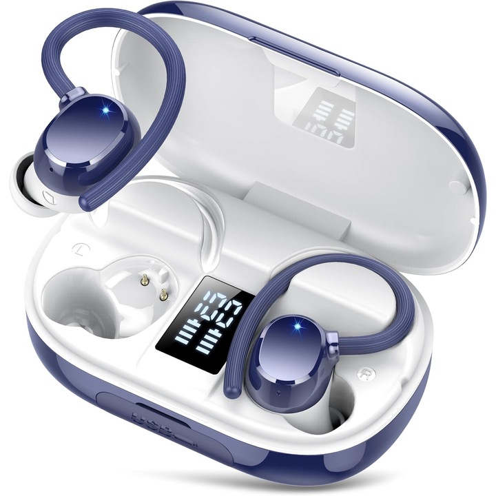 Vezeték nélküli sport Bluetooth 5.3 fülhallgató, 128 óra üzemidő, zajszűrős mikrofon, sötétkék, fülkampókkal, IPX7, 2600mAh, szett