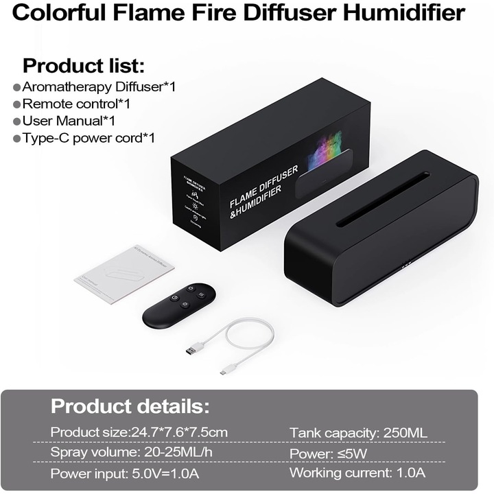 Difuzor aromaterapie, 7 moduri, RGB, 250ml, portabil