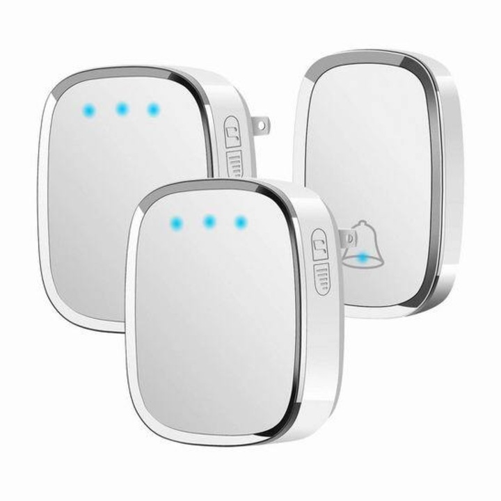 Vezeték nélküli csengő, 1 gomb 2 vevőegység, fehér, 300m, IP44, LED, 36 dallam, állítható hangerő