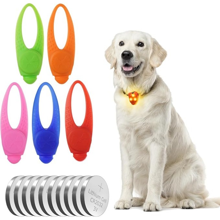 Set 5 lumini LED pentru zgarda caine, silicon, multicolor, 3 moduri, rezistent la apa