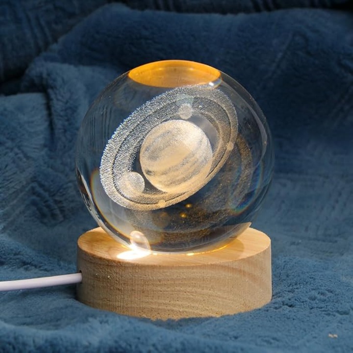 Bila de cristal K9 cu suport lemn, lumina de noapte, 6cm, transparenta