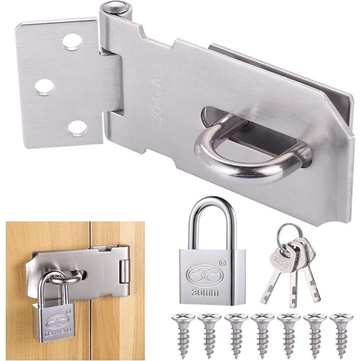 Set incuietoare usa glisanta, inox, rezistenta la coroziune, 7 suruburi, argintiu