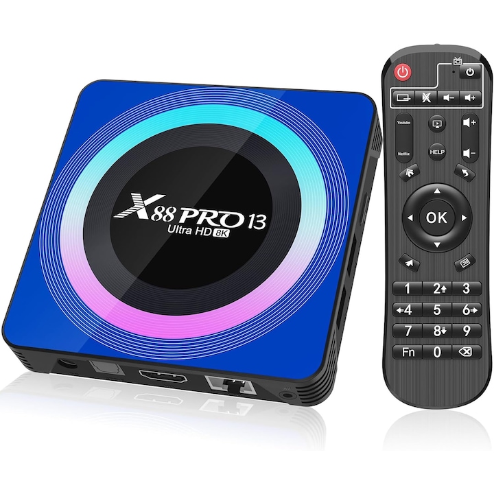 TV Box Android 13, 4GB RAM 32GB ROM, Quad-Core, Negru, 10x10x3cm