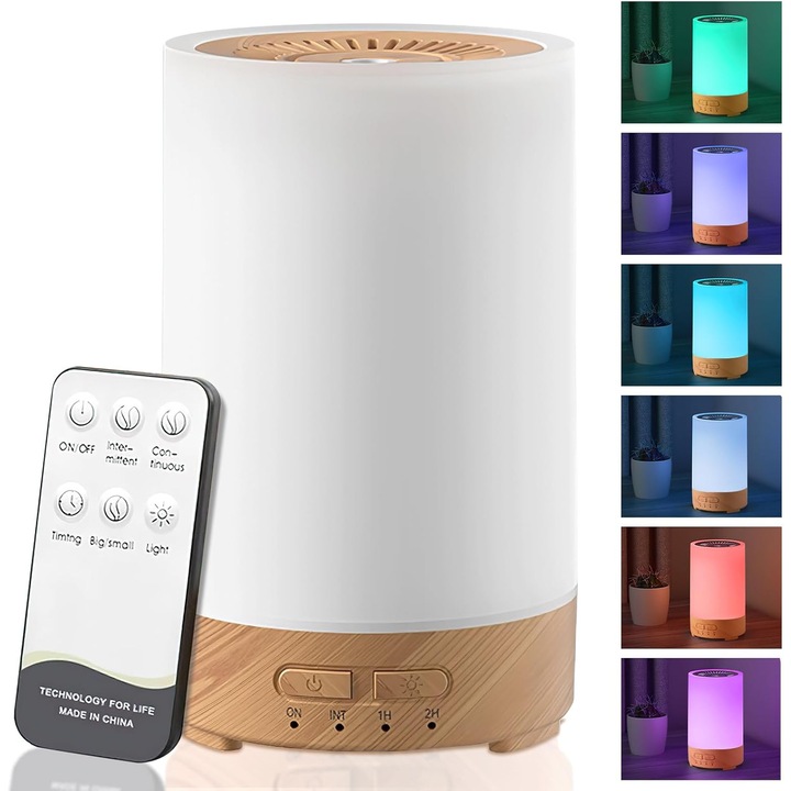 Difuzor aromaterapie ultrasonic 150ml, telecomanda, lumina LED multicolora, alb cu model lemn, 15x15x15cm