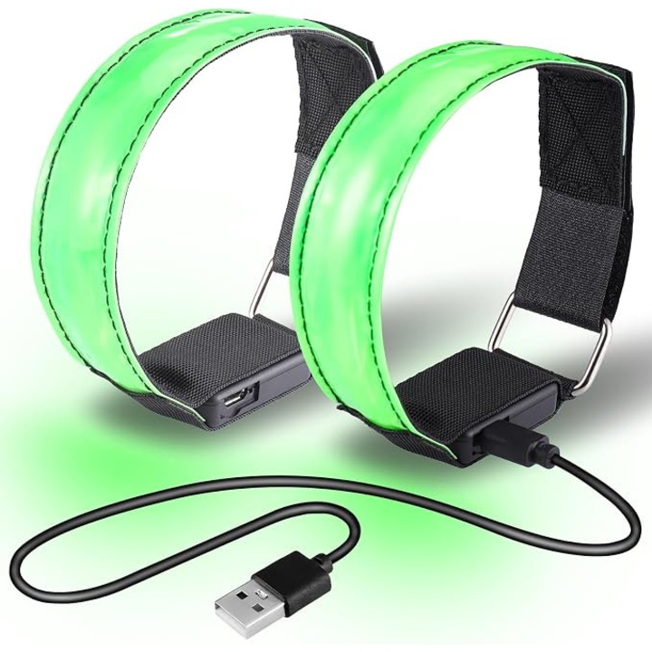 Bratara LED reglabila, set 2 buc, verde, 32.5x2.5cm, incarcabila, reflectorizanta