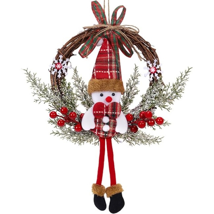 Karácsonyi koszorú, 35cm, rénszarvas és hóember dekorációval, zöld