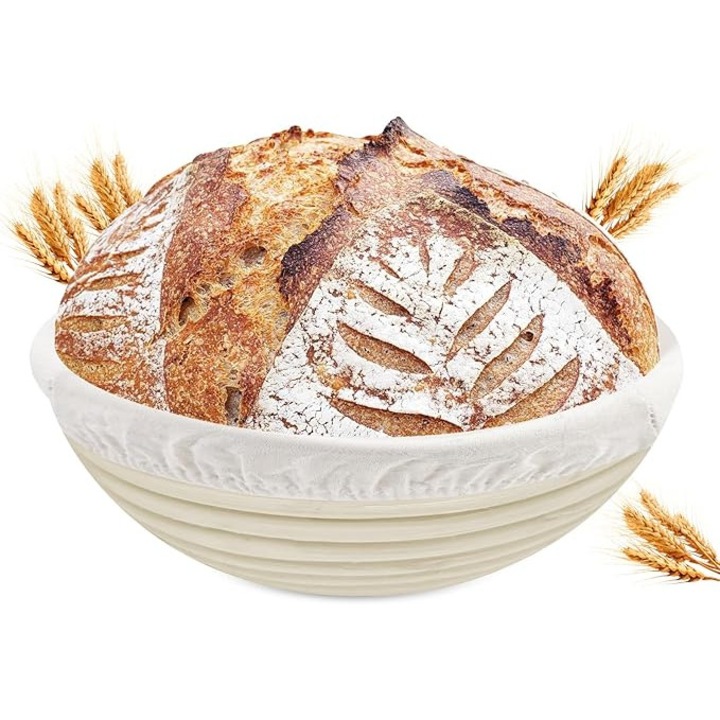 Cos paine rotund, ratan natural, captuseala bumbac, 23x23cm