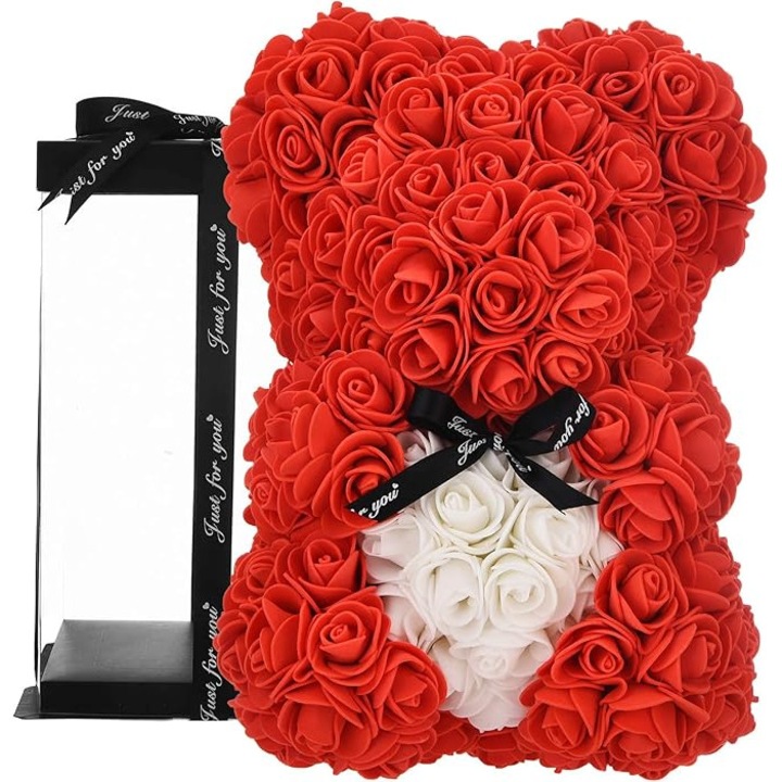 Mesterséges rózsa maci, 25 cm, piros, ajándék szett