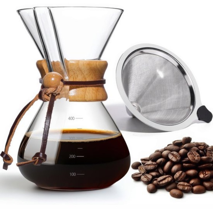 Cafetiera manuala cu filtru, inox, 400ml, sticla/lemn