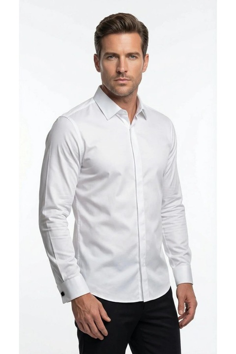 Camasa Barbateasca, Regular Fit, Butoni Cufflinks, Placheta Ascunsa, Bumbac Satinat, Negru, Alb