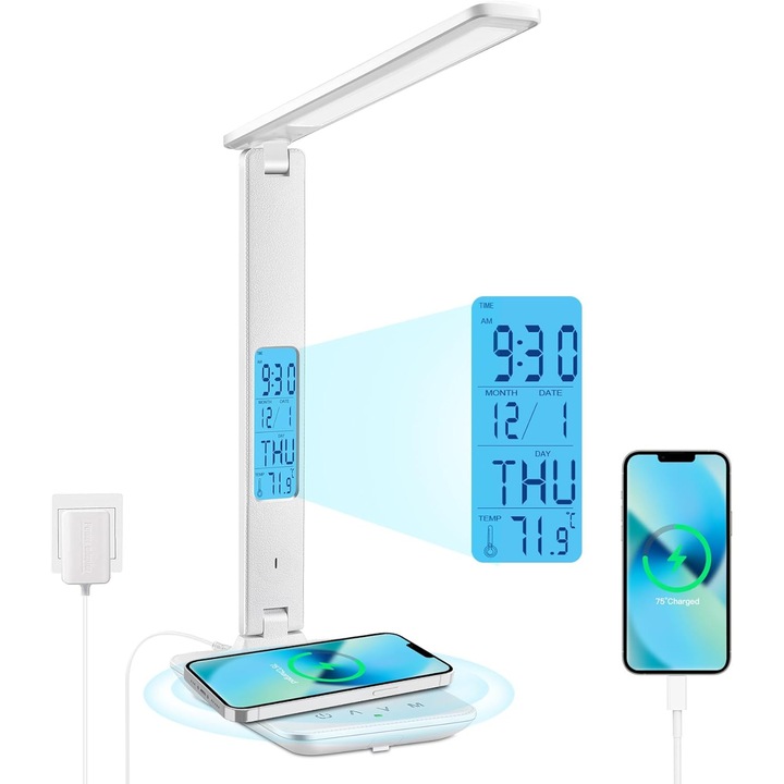Veioza ZYBLSSBB cu ceas, 3 culori, 5 niveluri luminozitate, incarcare wireless si USB