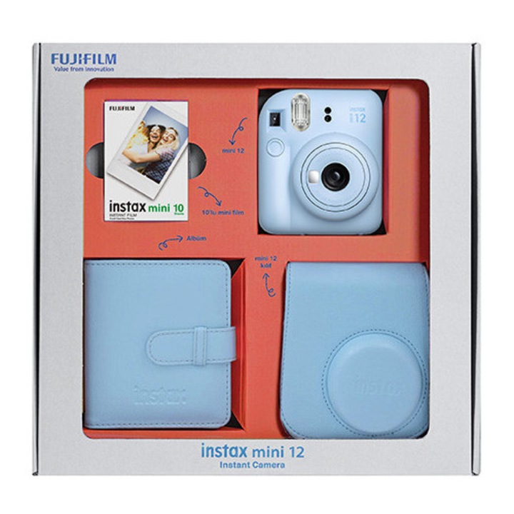 FujiFilm Instax Mini 12 azonnali fényképezőgép szett, kék, fényképezőgéppel, tokkal, albummal és 10 lap papírral