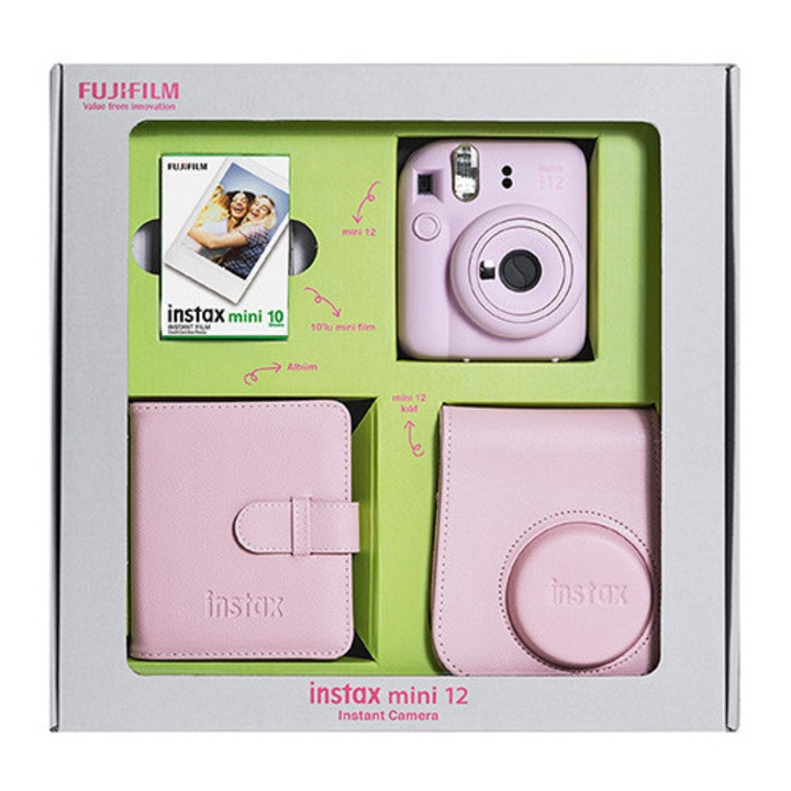 Комплект за моментални снимки FujiFilm Instax Mini 12, Розов, С включен фотоапарат, калъф, албум и 10 листа хартия