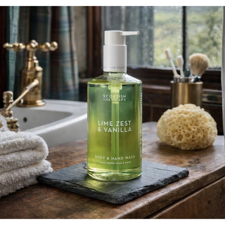 Tusfürdő, Scottish Fine Soaps, Lime Zest & Vanilla, friss lime és vanília illattal, AHA és PHA savakkal, panthenollal, hidratáló, gyengéden hámlasztó, mindennapi használatra, minden bőrtípusra, 300 ml