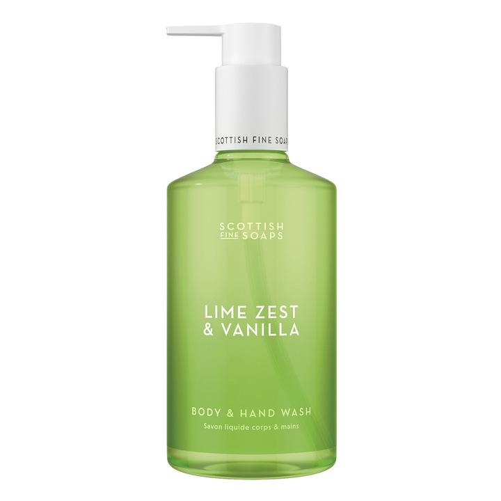 Tusfürdő, Scottish Fine Soaps, Lime Zest & Vanilla, friss lime és vanília illattal, AHA és PHA savakkal, panthenollal, hidratáló, gyengéden hámlasztó, mindennapi használatra, minden bőrtípusra, 300 ml