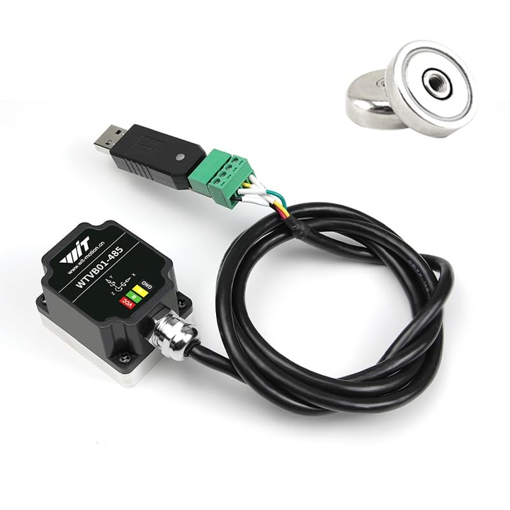Ipari Rezgésérzékelő Modbus RS485 3 Tengelyes WitMotion WTVB01-485, Inclinométer és Gyorsulás / Sebesség Analizátor, IP67 Védelem, PLC, Arduino, Python Kompatibilis
