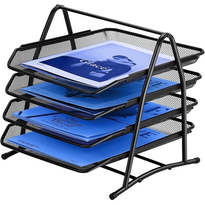 Organizator birou metalic 4 niveluri, suport documente, negru, A4
