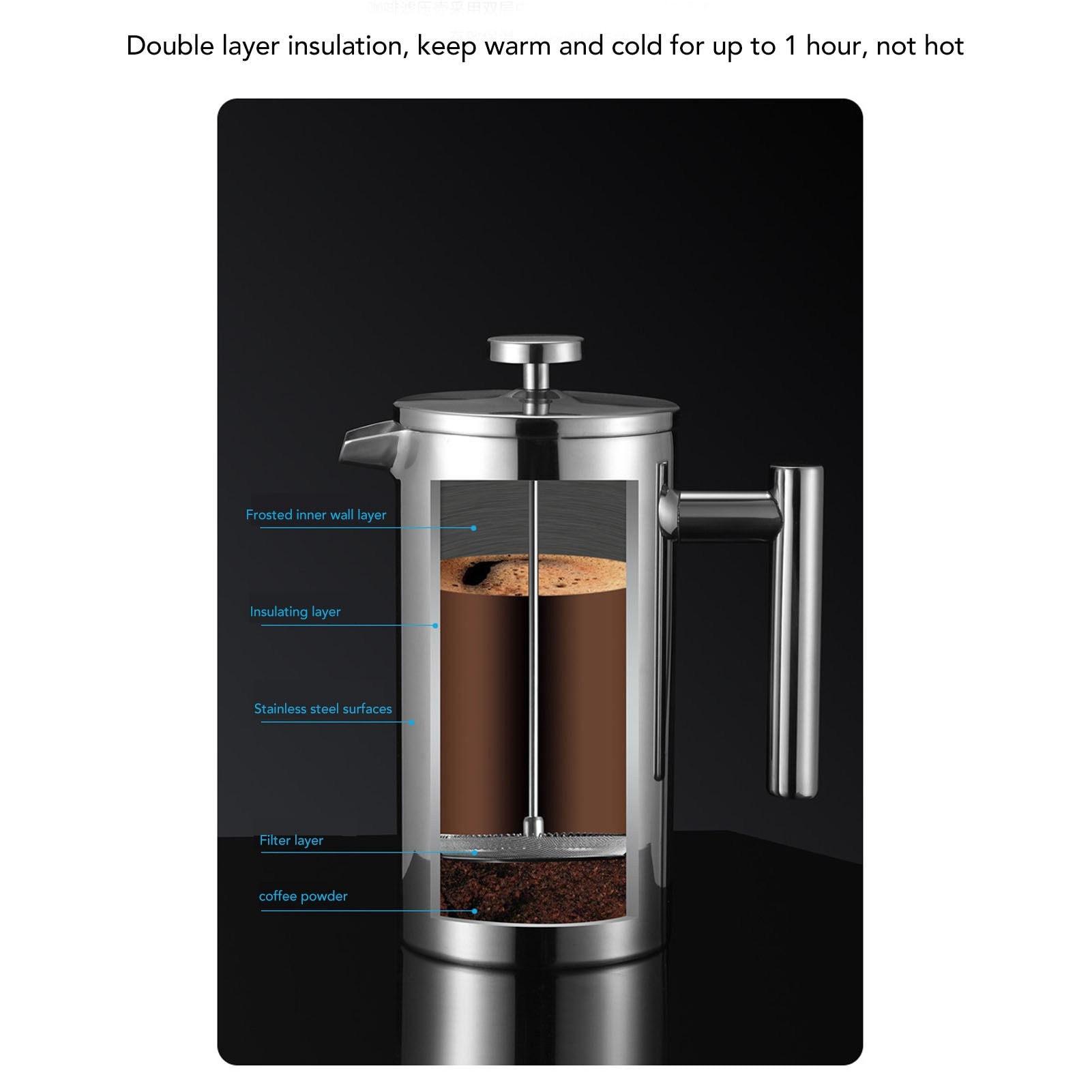 Cafetiera French Press, 350ml, otel inoxidabil, izolatie dubla, argintiu