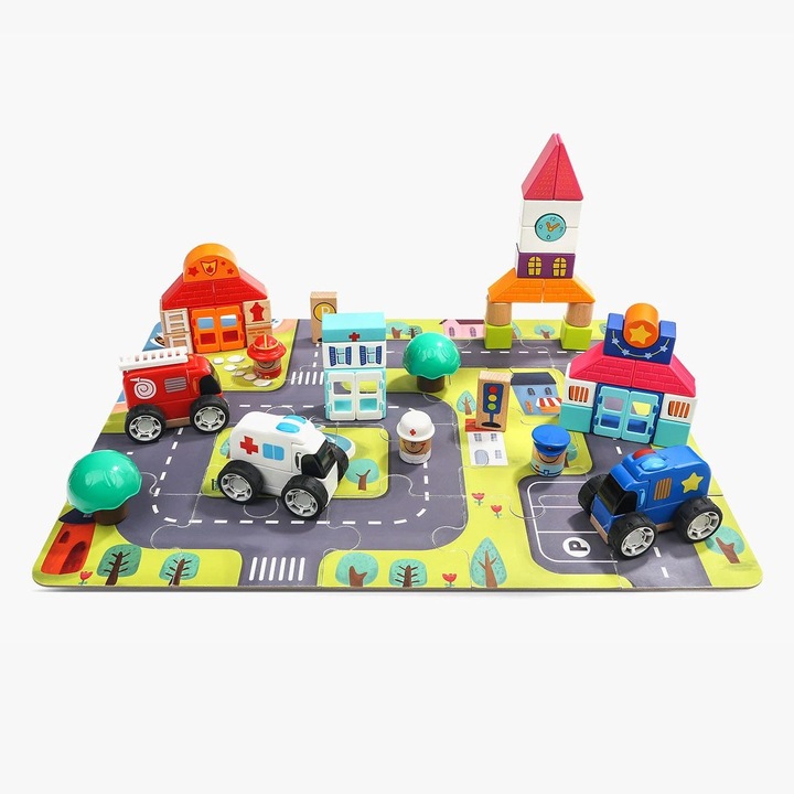 Set Cuburi Constructii Topbright Tauno, 82 piese, vehicule de intervenție, 38x29x8, 6 cm, multicolor