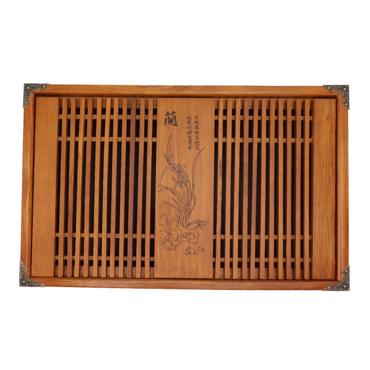 Tava pentru ceai Gongfu 0806BM-BSTY00017190 din lemn cu scurgere si teava, maro, 28 x 43 cm