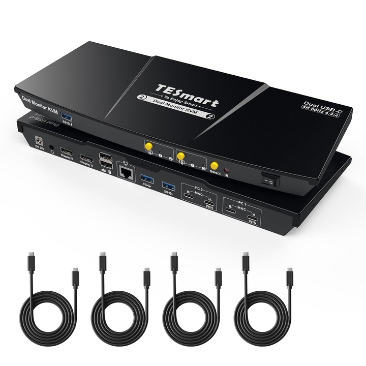 TESmart USB-C KVM kapcsoló 2 PC 2 monitorhoz 4K@60Hz, dokkolóállomás