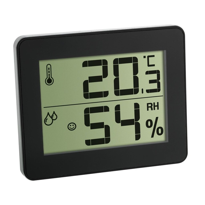 Termometru Higrometru, design subtire, indicator confort, negru, 10x5cm