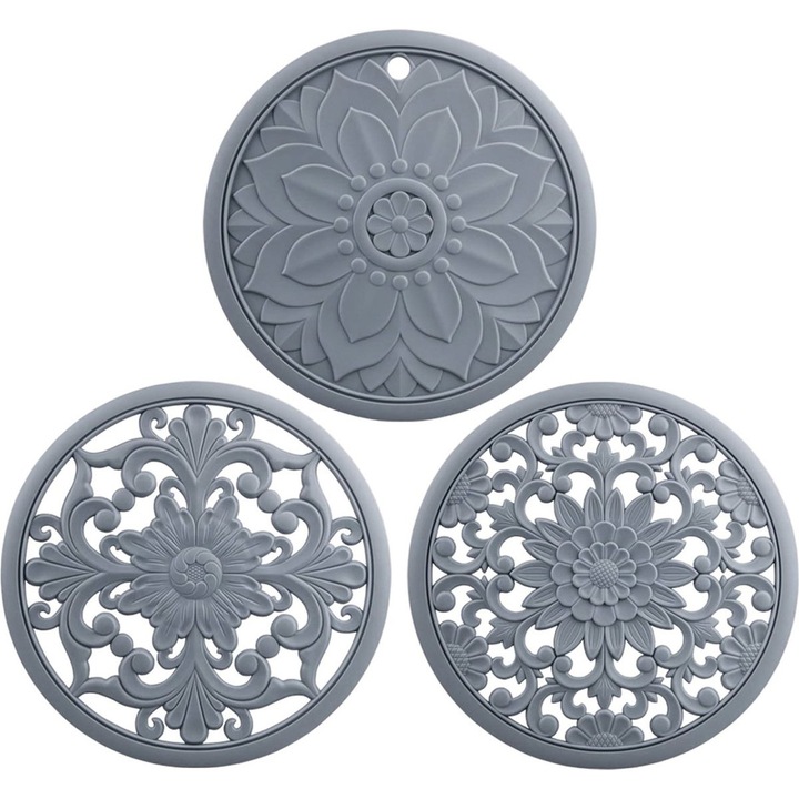 Set 3 suporturi oale silicon, rezistente la caldura, gri, 16cm