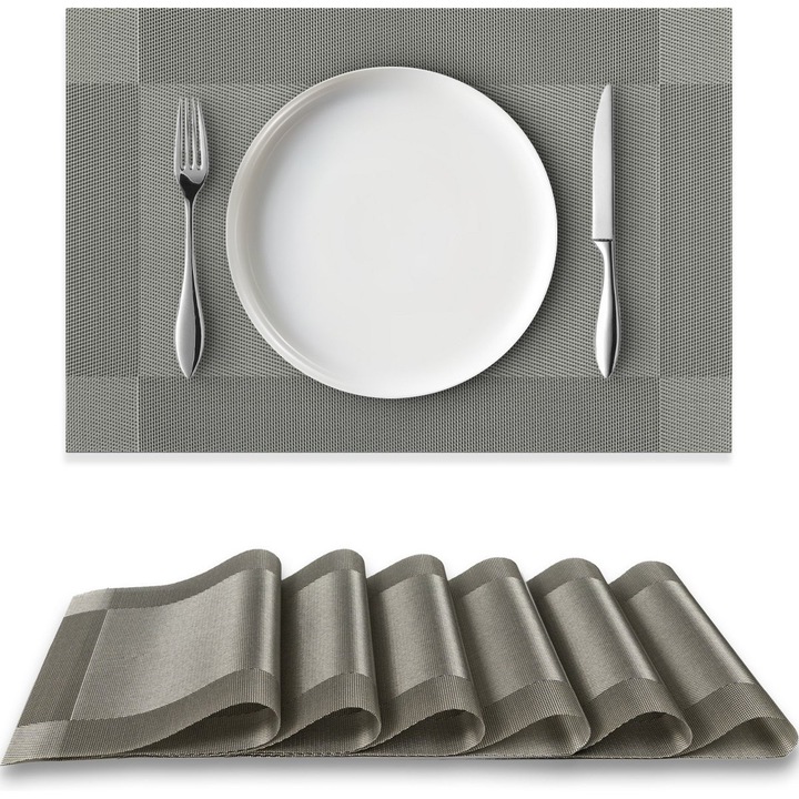 Set 6 servetele masa, 30x45cm, gri metalizat, PVC-polyester