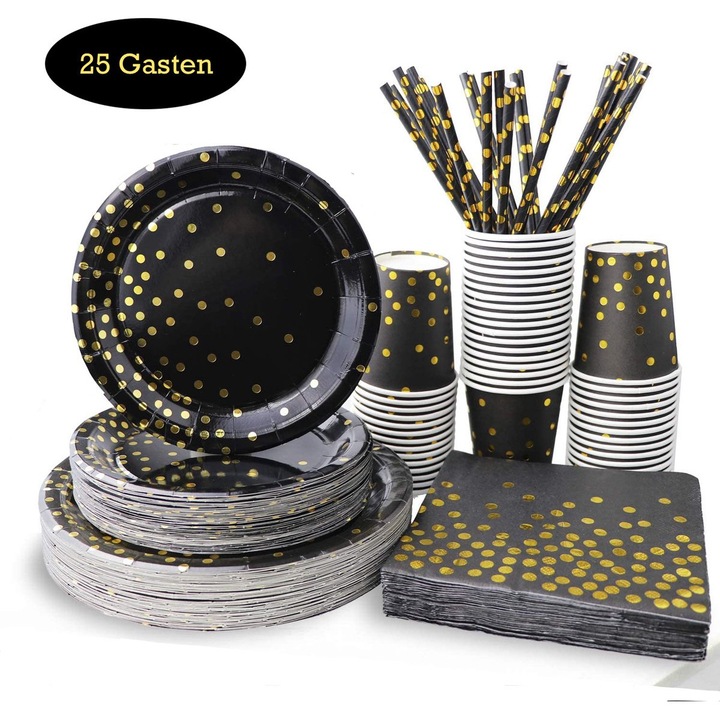 Set vesela petrecere 25 persoane, carton, negru auriu, vesela de unica folosinta