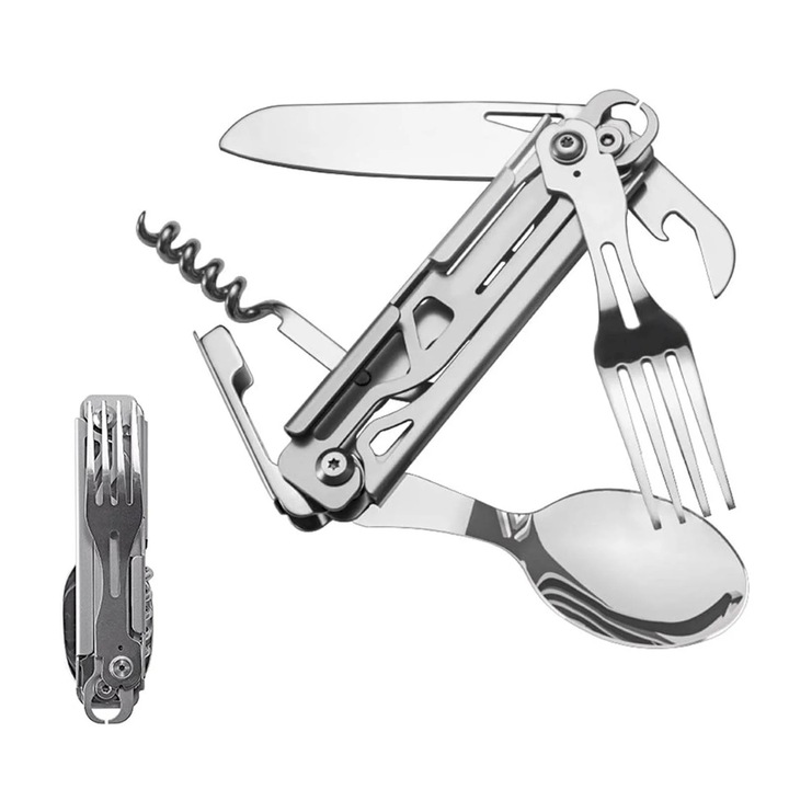 Set vesela camping multifunctional 6 in 1, inox, portabil, 13x5x5cm