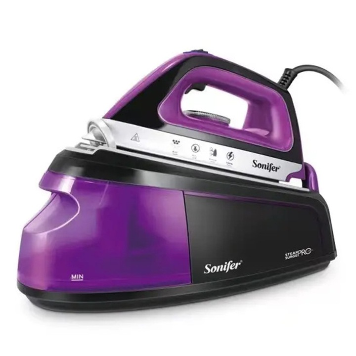 Statie de calcat Sonifer, 2200W, Talpa ceramica, Rezervor detasabil 1.2L, Debit abur 50 g/min, Abur vertical, Anti-picurare, Violet