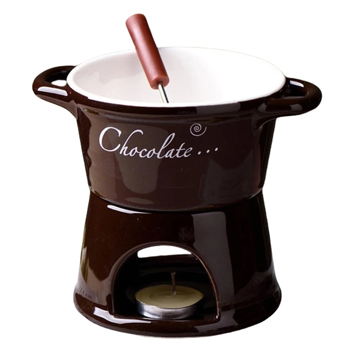 Cana ceramica fondue cu furculite, incalzitor multifunctional, culoare tealight, dimensiuni compacte