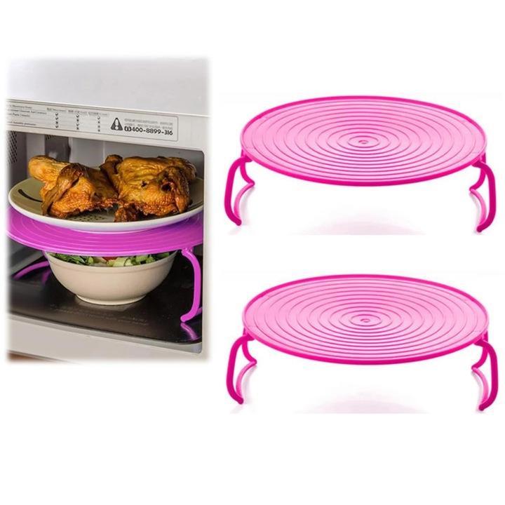 Set 2 tavi pliabile pentru cuptor cu microunde, 2 niveluri, plastic, alb, 30x25x10cm