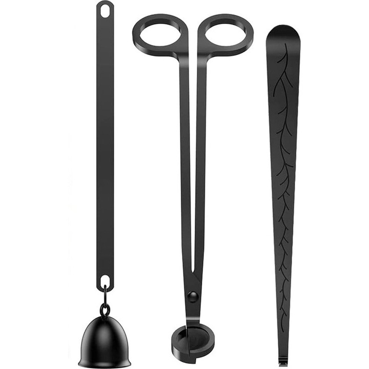 Set accesorii pentru lumanari, 3 piese, otel inoxidabil, negru