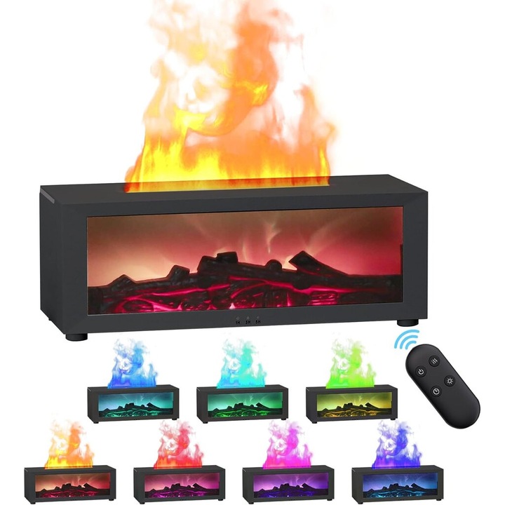 Difuzor aromaterapie ultrasonic cu efect flacara si iluminare RGB negru