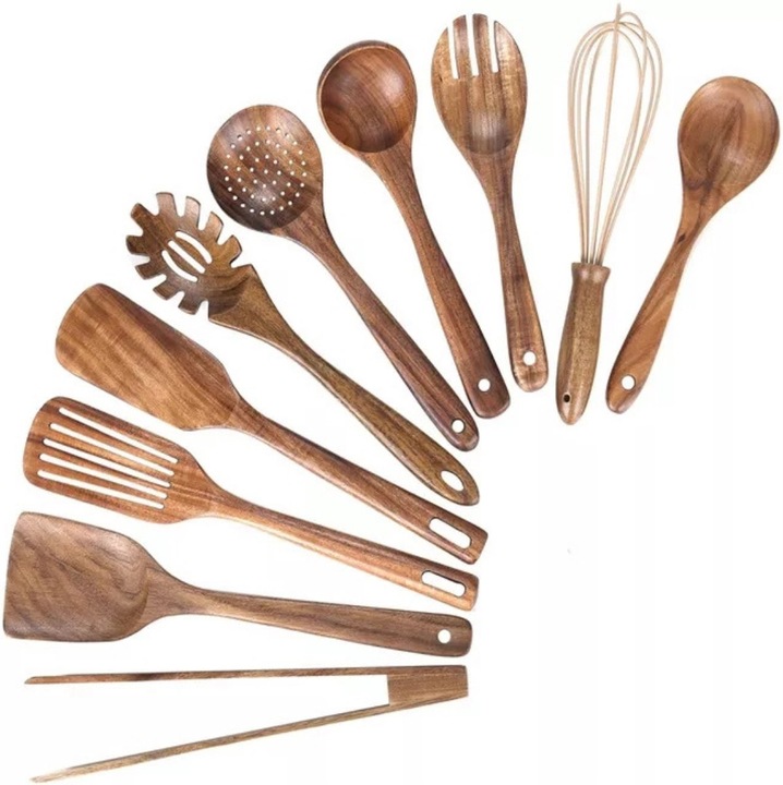 Set ustensile bucatarie 10 piese lemn teak maro