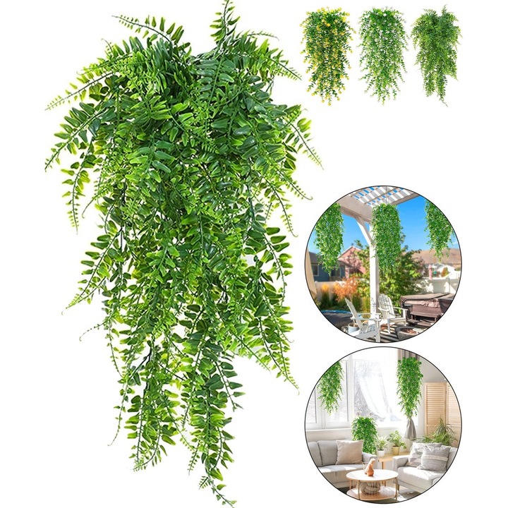 Set plante artificiale suspendate, 70x40cm, verde cu flori, 2 piese