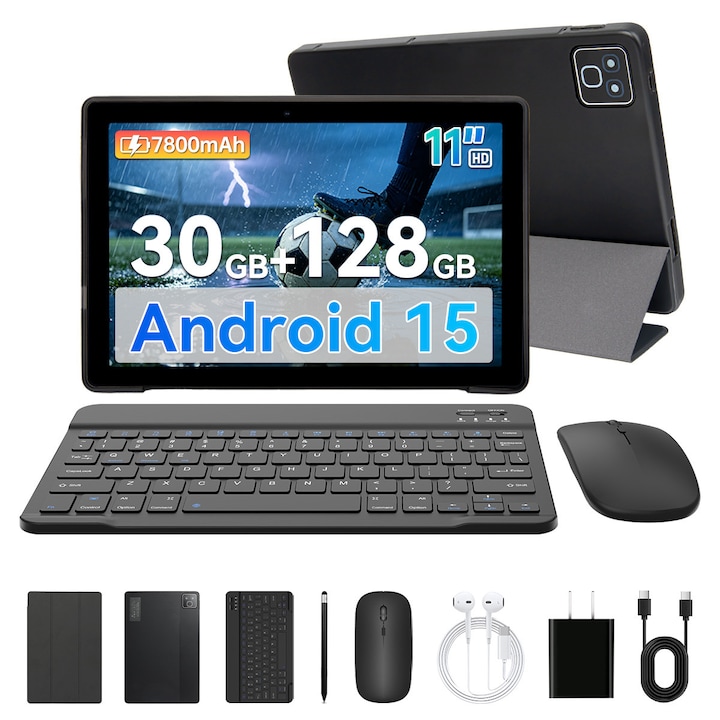 Tableta TT.KIDS K6L Android 16, ecran IPS 10,95 inchi, RAM 30GB + stocare 128GB, baterie 7800mAh, pachet complet: tastatura Bluetooth, mouse wireless, stylus, incarcator, casti cu fir, culoare neagra