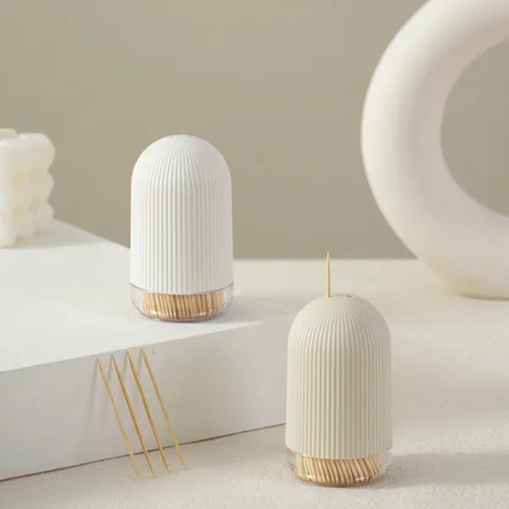 Modern fogpiszkáló tartó, bézs, 8.5x5x5cm, nagy kapacitású, átlátszó