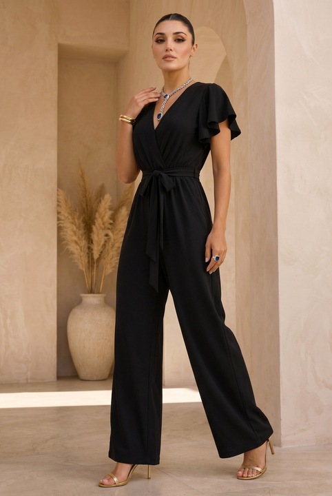 Salopeta lejera de vara, cu cordon in talie, StarFashion, viscoza, negru, S-M