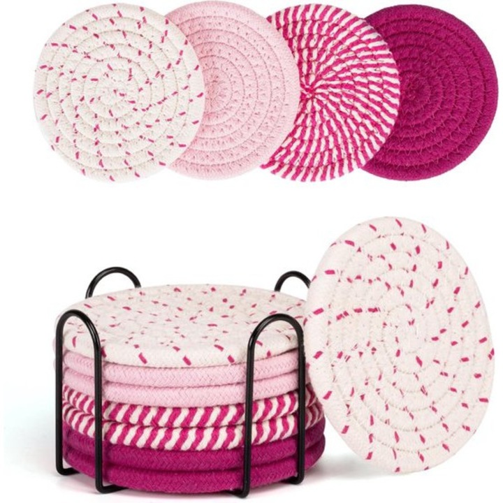 Set 8 suporturi pahare rotunde multicolor cu suport metalic negru 10x10cm
