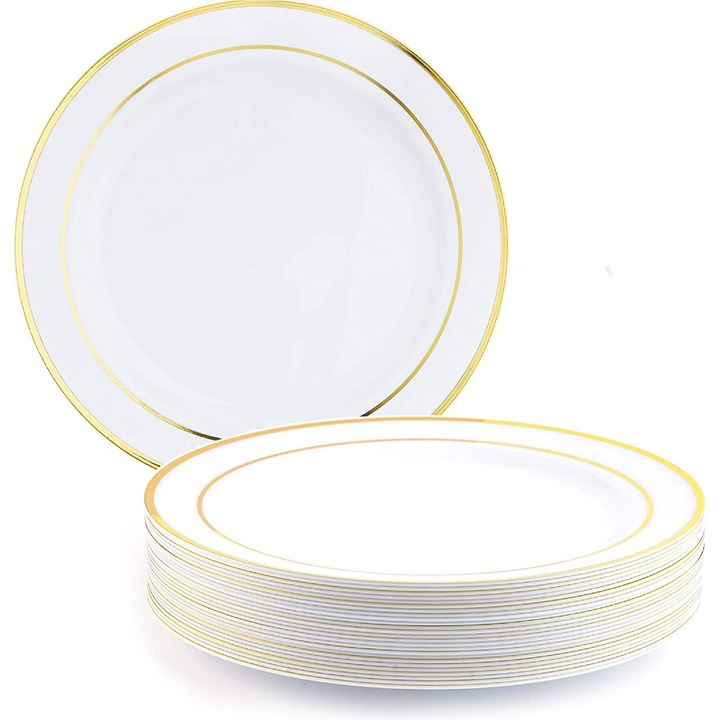 Set 25 farfurii petrecere plastic alb cu margine aurie 26cm