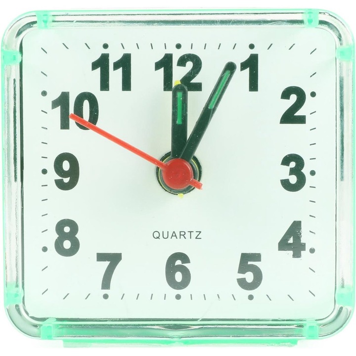 Ceas desteptator de calatorie compact, plastic, quartz, albastru-verde-roz, 6x5.5x3cm