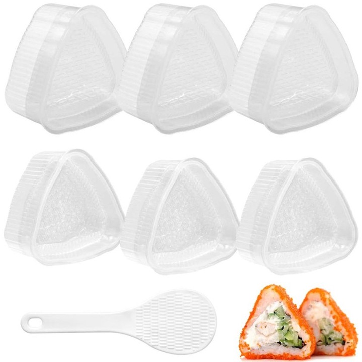 Set 6 forme sushi triunghiulare, 2 dimensiuni, plastic alimentar, 7x4.5cm si 6x3.5cm, alb