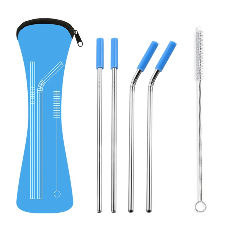 Set 4 paie metalice Ludlz, lungi, cu varfuri din silicon, drept si indoit, inox, 25.5x5x3cm