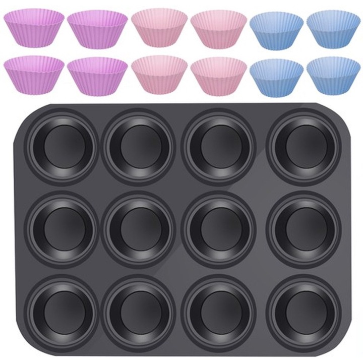 Sütőtepsi 12 szilikon cupcake formával, fekete, 35x26.5x3cm